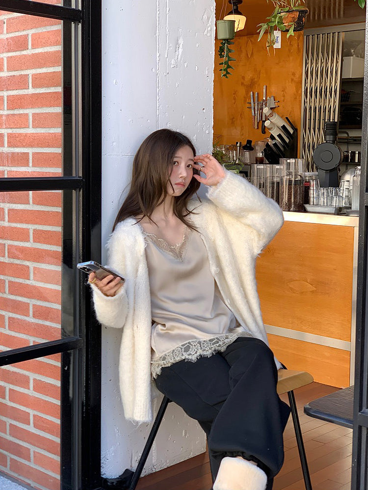 毛感細節排鈕寬鬆針織外套