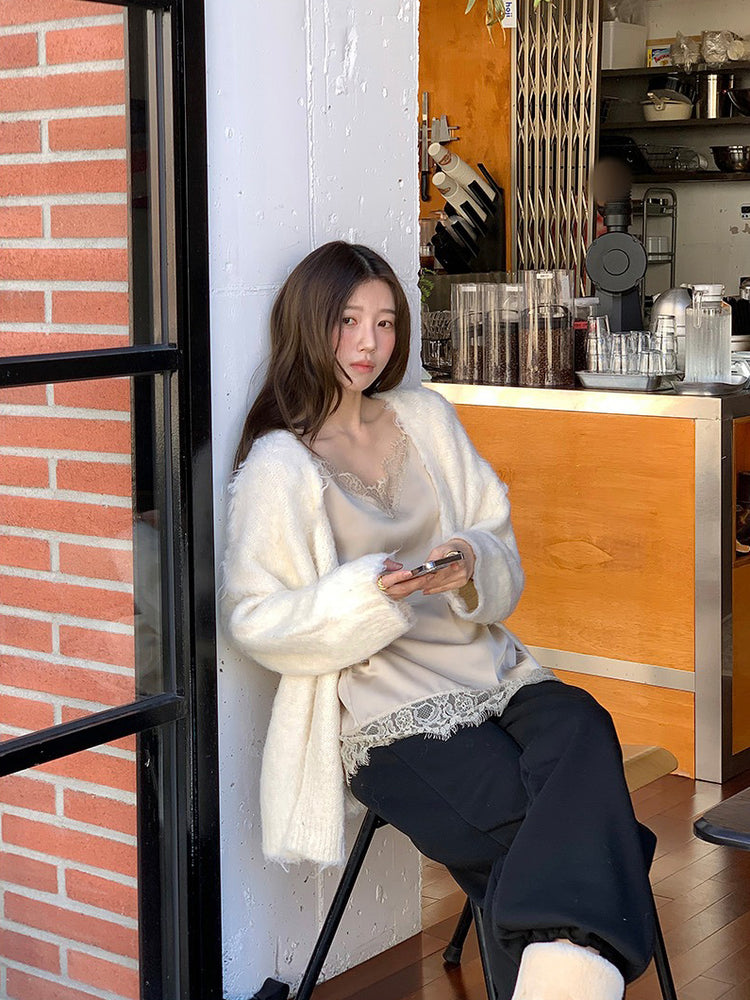 毛感細節排鈕寬鬆針織外套