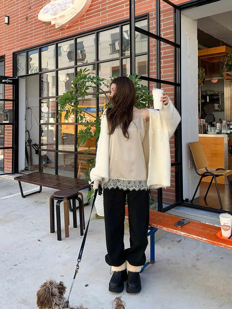 毛感細節排鈕寬鬆針織外套