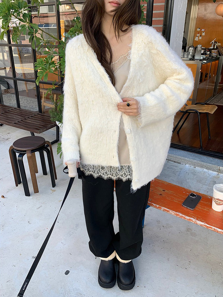 毛感細節排鈕寬鬆針織外套