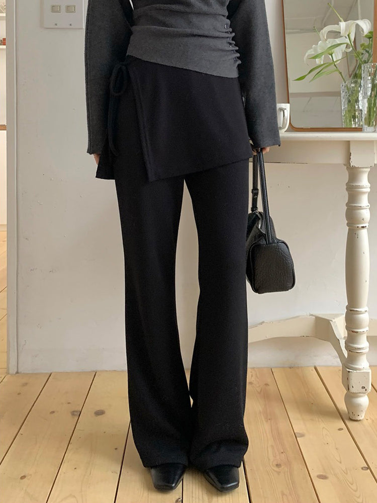 側綁帶細長腿假兩件裙褲