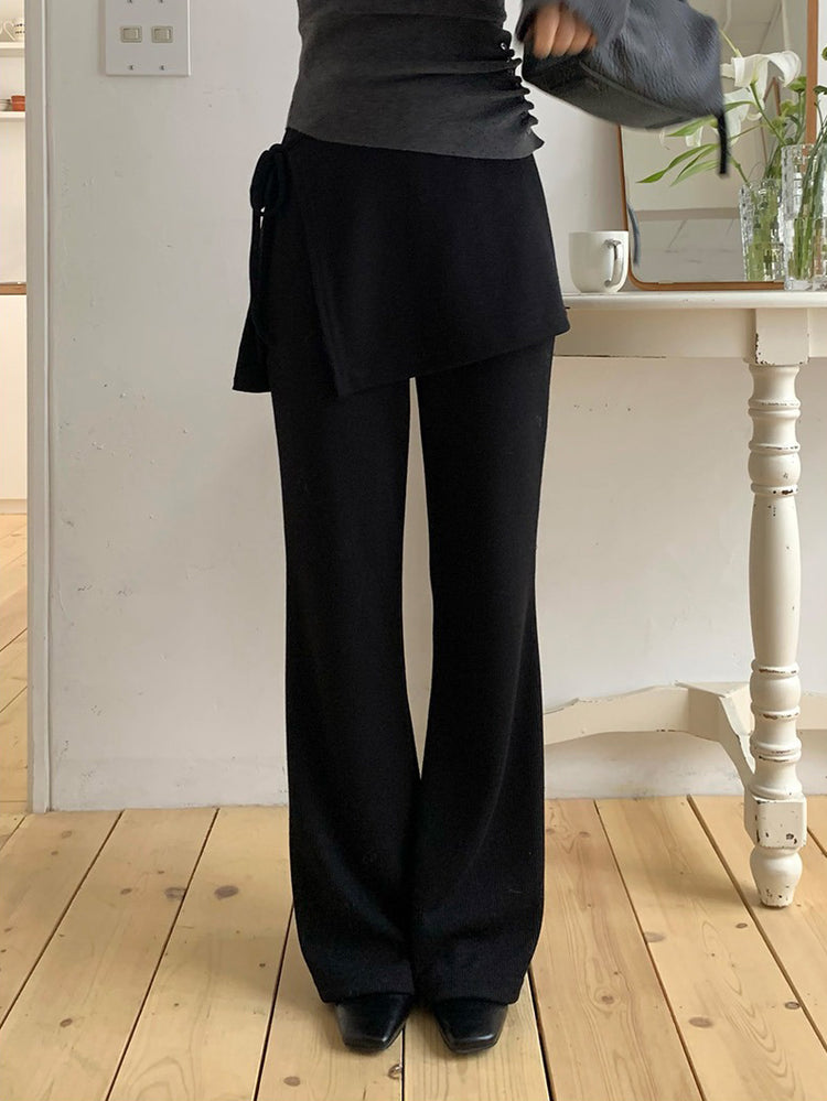 側綁帶細長腿假兩件裙褲