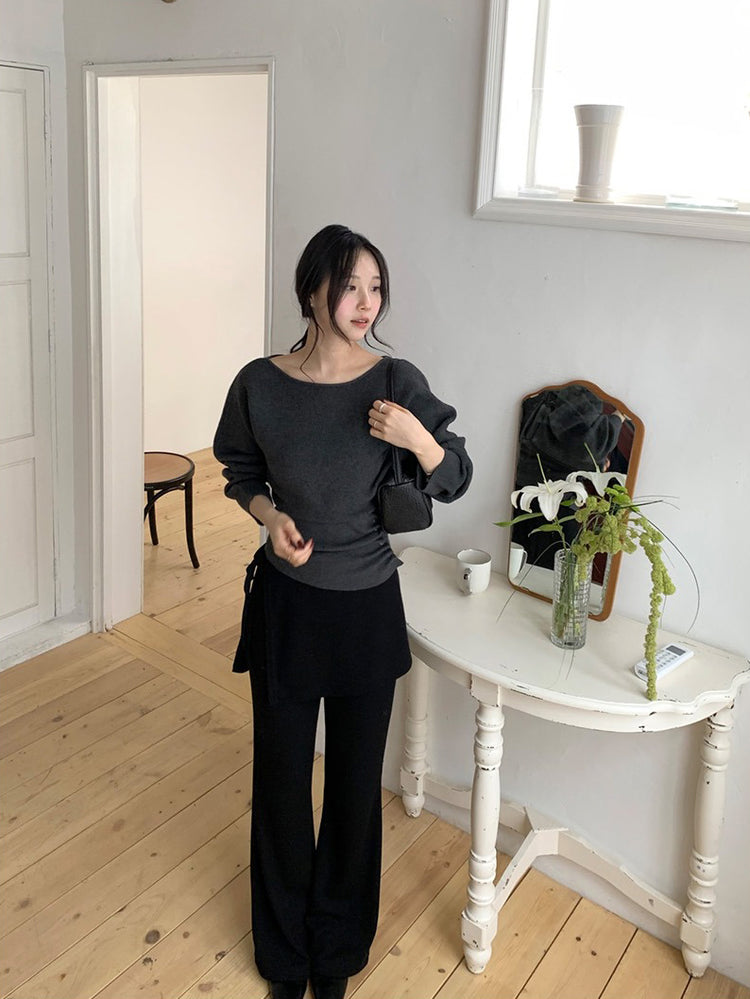 側綁帶細長腿假兩件裙褲