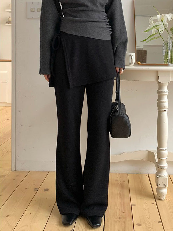 側綁帶細長腿假兩件裙褲