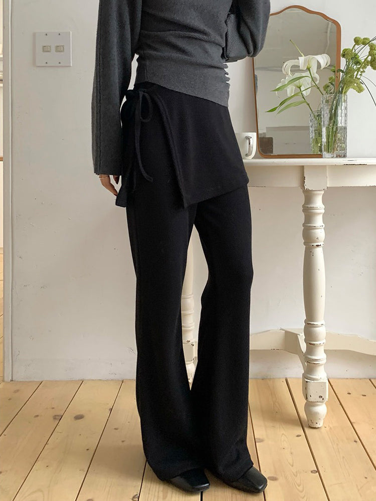 側綁帶細長腿假兩件裙褲