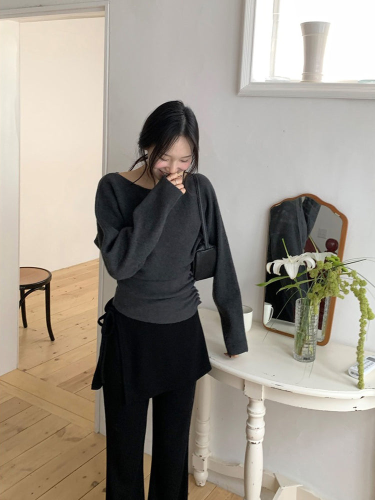 側綁帶細長腿假兩件裙褲