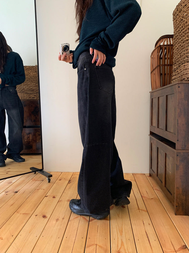 弧形側壓線廓形牛仔褲