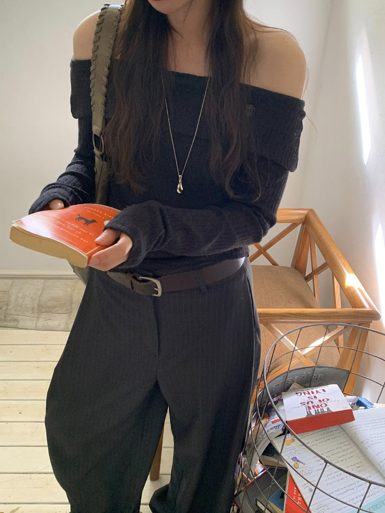 Fw ver.條紋側壓褶細節直褲