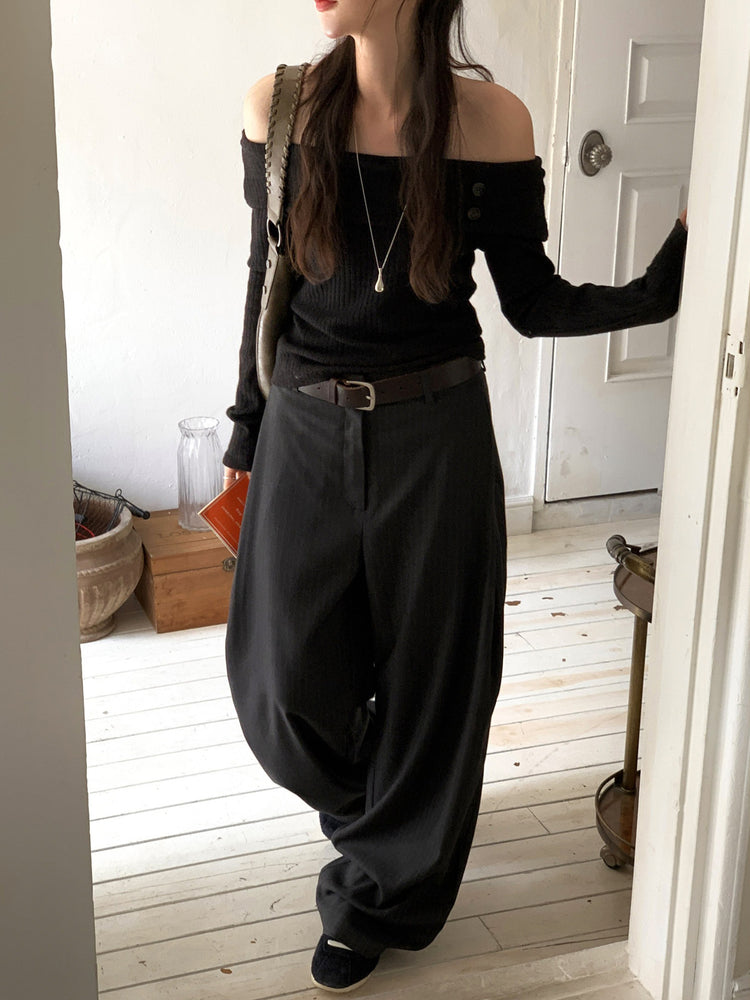 Fw ver.條紋側壓褶細節直褲