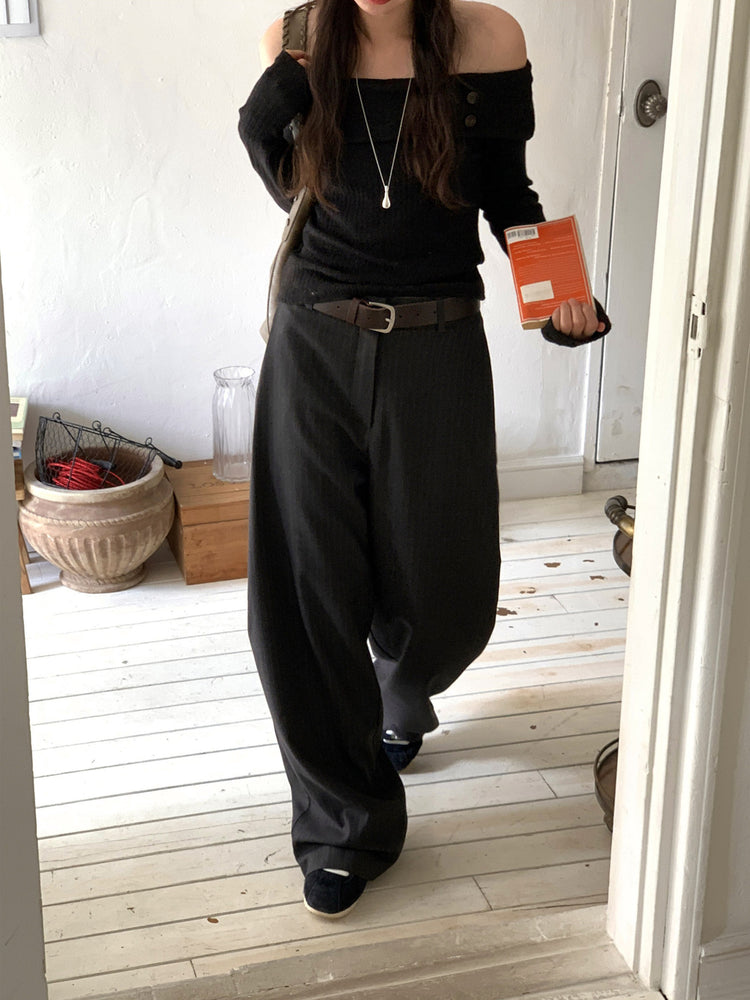 Fw ver.條紋側壓褶細節直褲