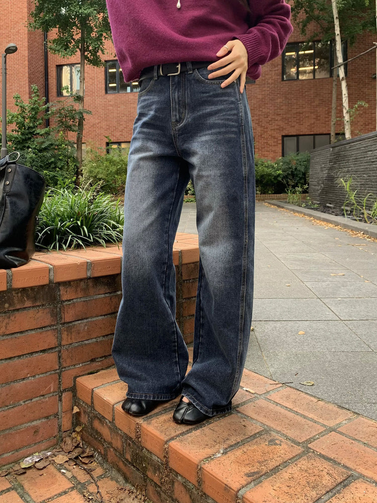 復古美刷色側前壓線細節牛仔褲