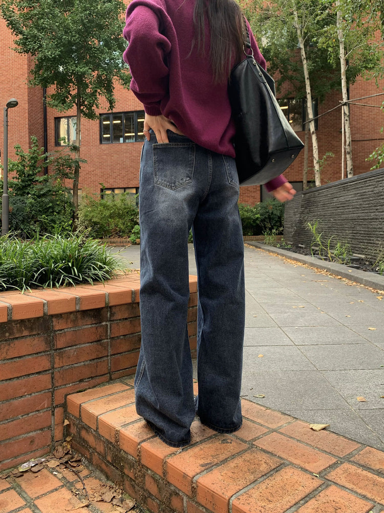 復古美刷色側前壓線細節牛仔褲