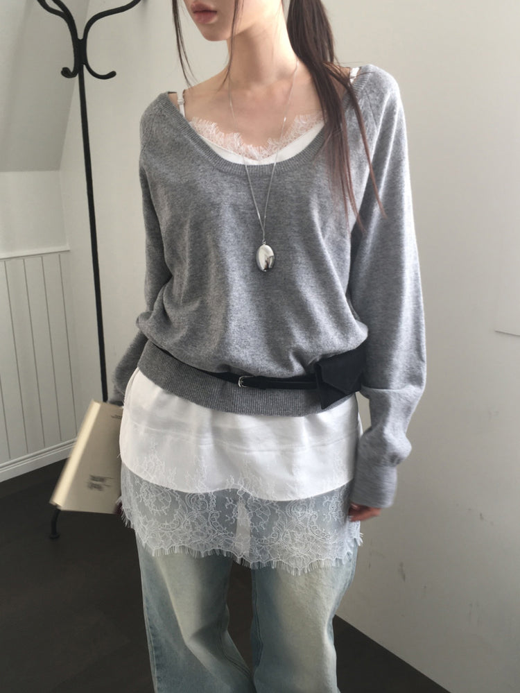 (現)美色蕾絲邊光澤感連身裙