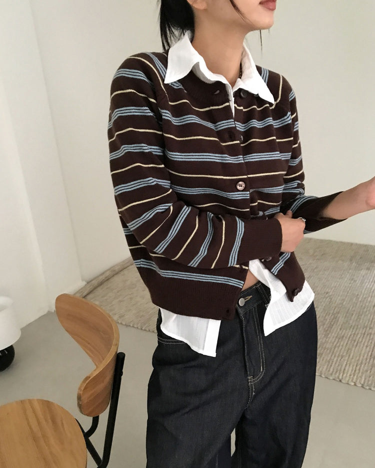 美色條紋排鈕針織外套