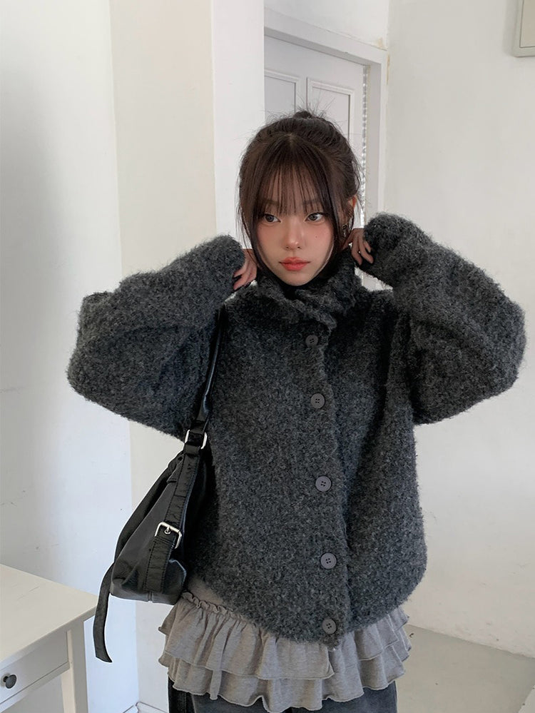 圈毛可立領排鈕針織外套