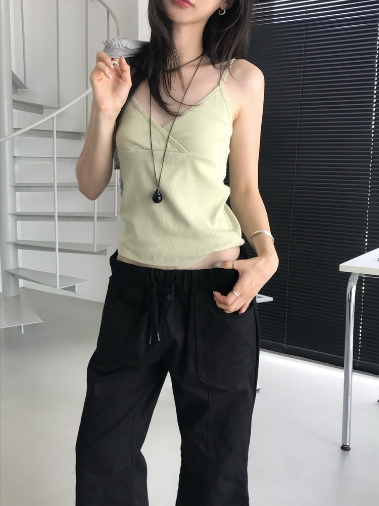 美色細帶交疊背心