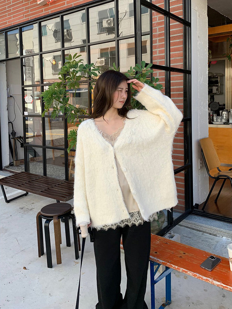 毛感細節排鈕寬鬆針織外套