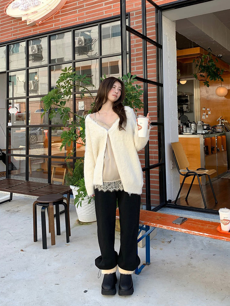 毛感細節排鈕寬鬆針織外套