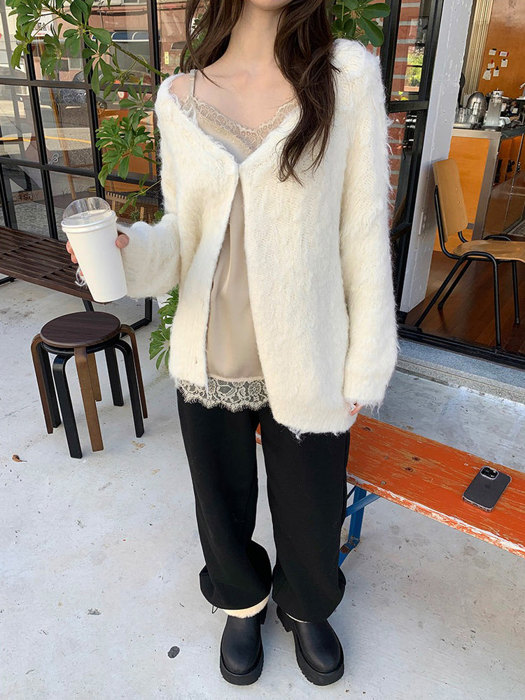 毛感細節排鈕寬鬆針織外套