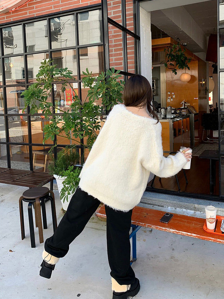 毛感細節排鈕寬鬆針織外套