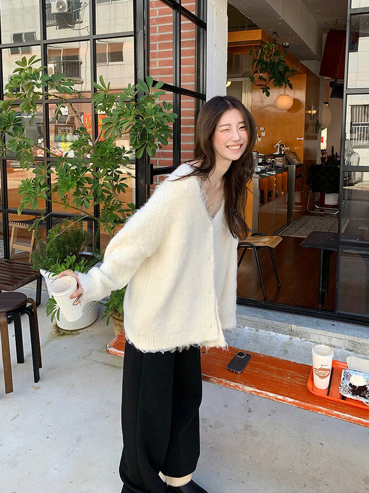 毛感細節排鈕寬鬆針織外套