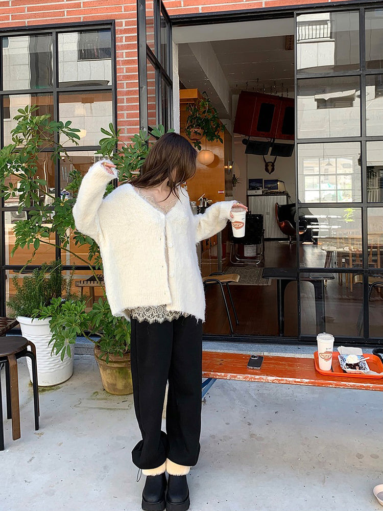 毛感細節排鈕寬鬆針織外套