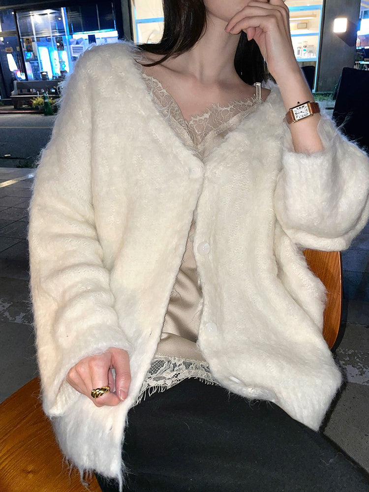 毛感細節排鈕寬鬆針織外套