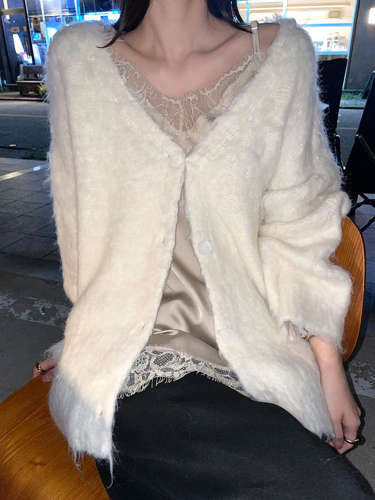 毛感細節排鈕寬鬆針織外套