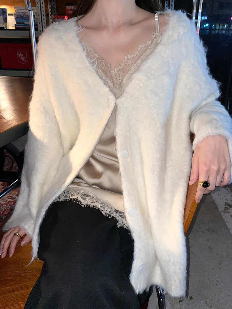 毛感細節排鈕寬鬆針織外套