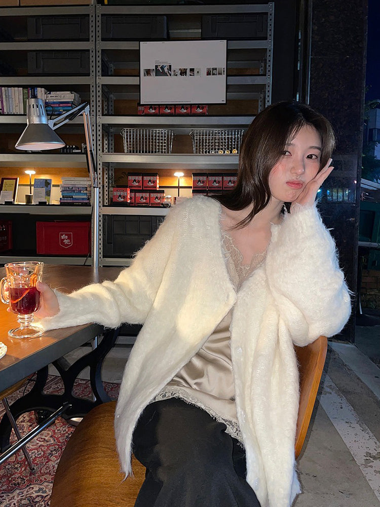 毛感細節排鈕寬鬆針織外套