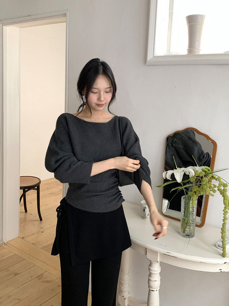 側綁帶細長腿假兩件裙褲