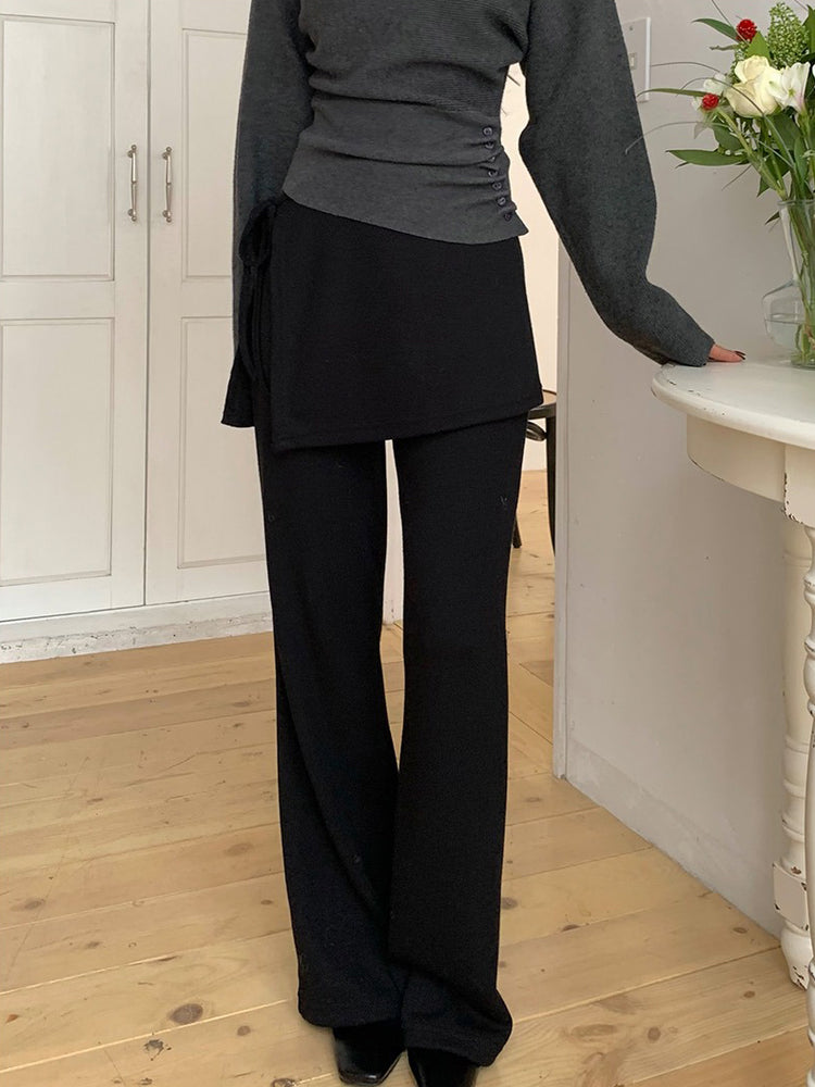 側綁帶細長腿假兩件裙褲