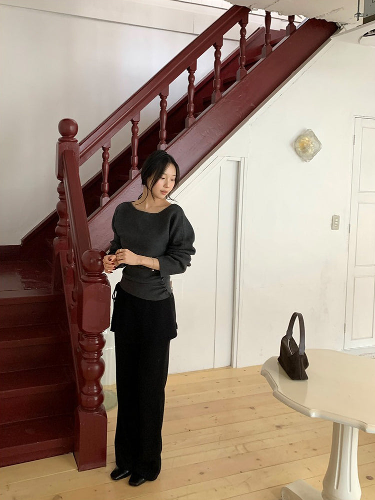 側綁帶細長腿假兩件裙褲