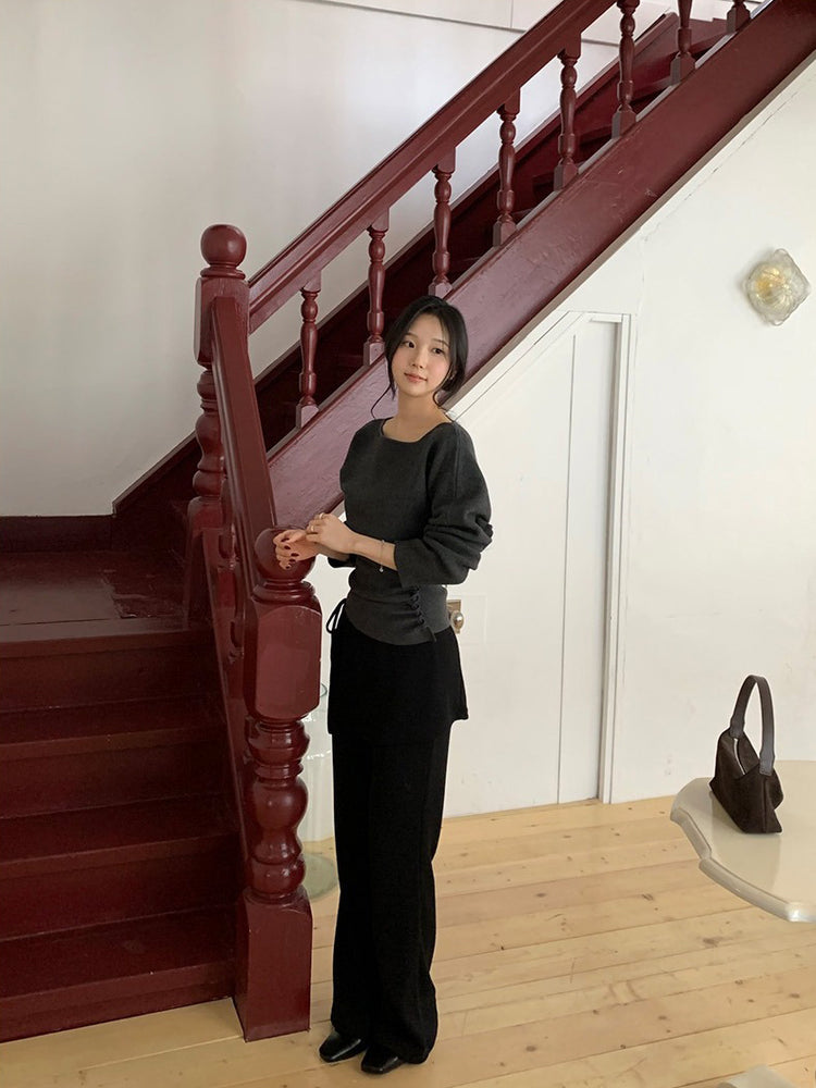 側綁帶細長腿假兩件裙褲