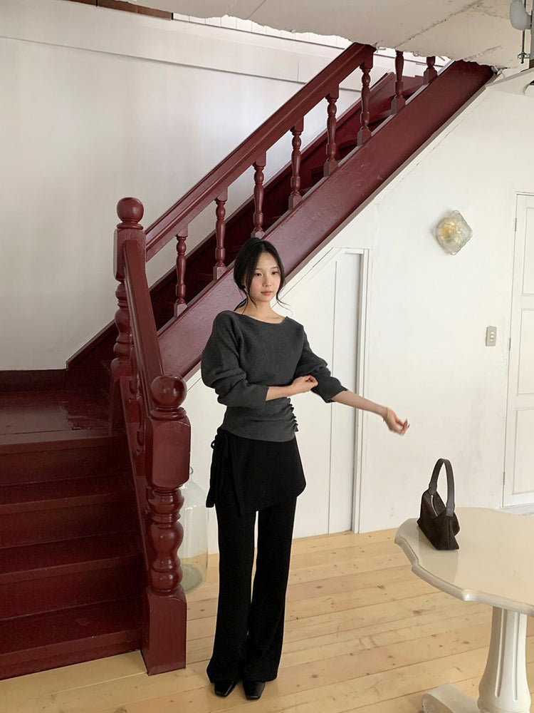 側綁帶細長腿假兩件裙褲