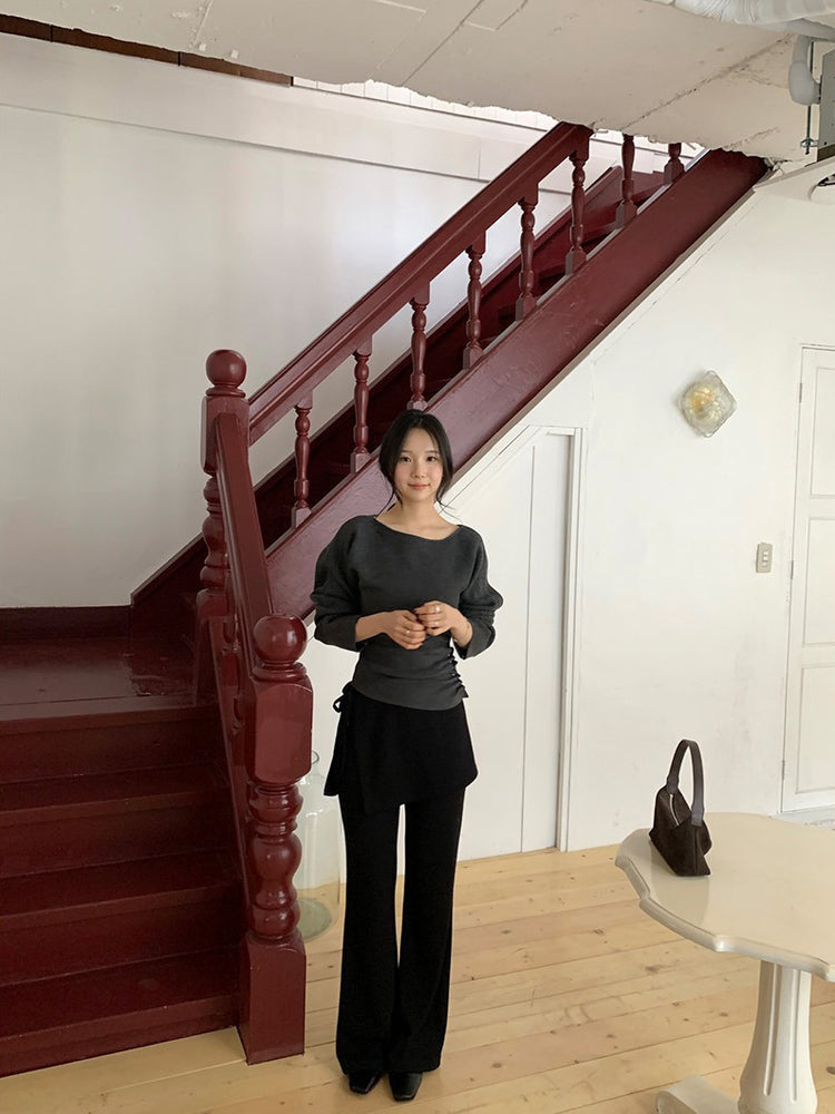 側綁帶細長腿假兩件裙褲