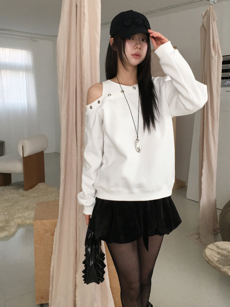 鉚釘圈細節假兩件美肩上衣