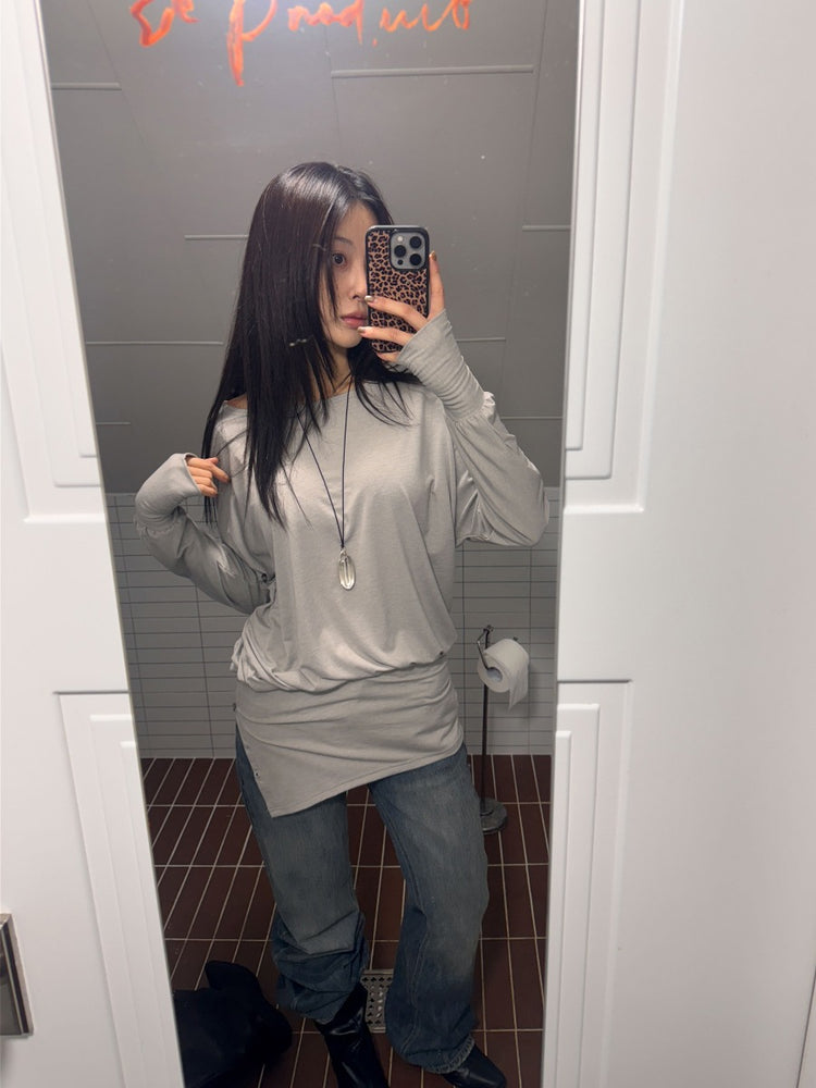 美肩側開叉指扣細節修腰連身裙