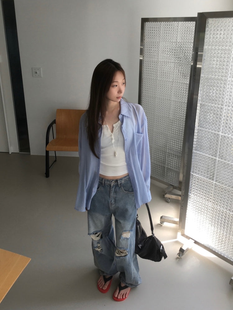 美色透膚背細節寬鬆襯衫