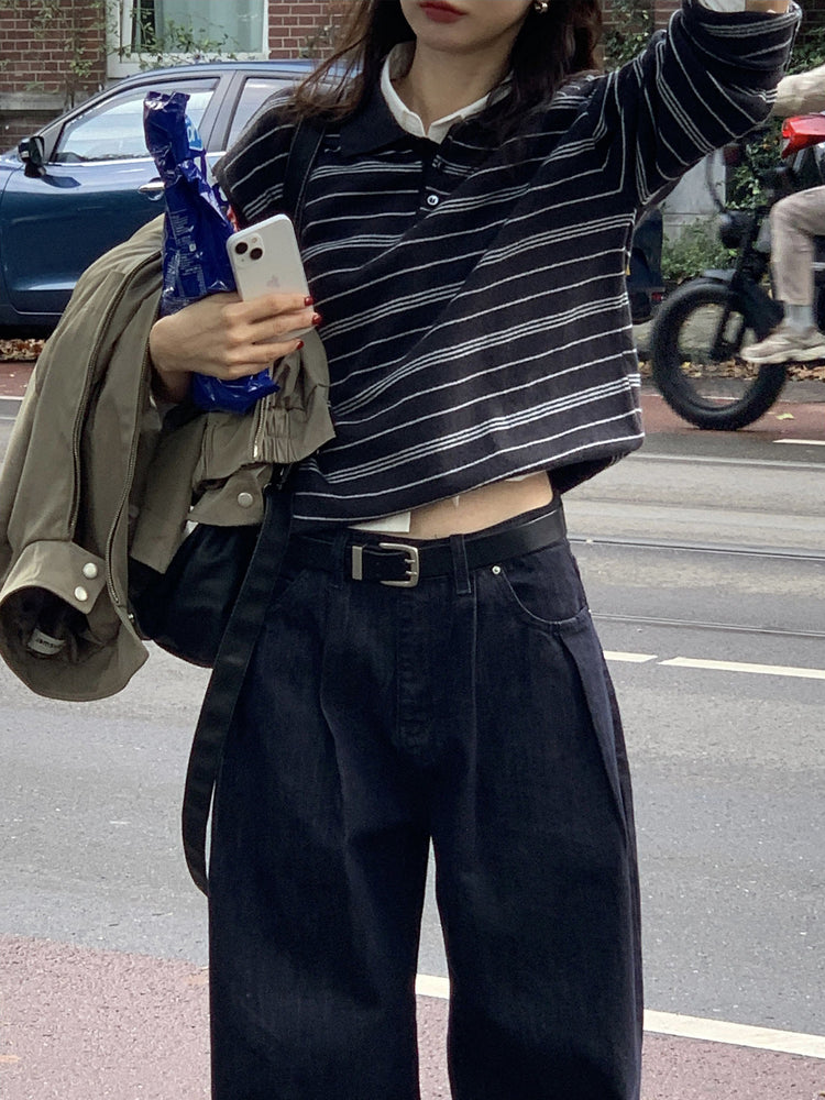 雙壓褶細節直筒牛仔褲