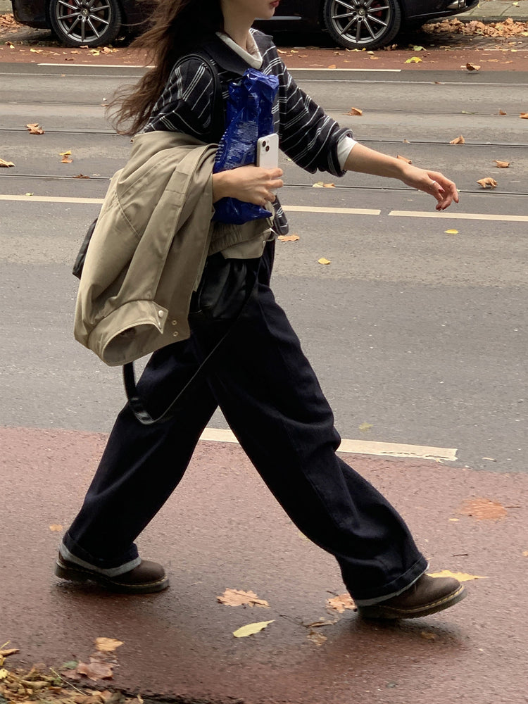 雙壓褶細節直筒牛仔褲
