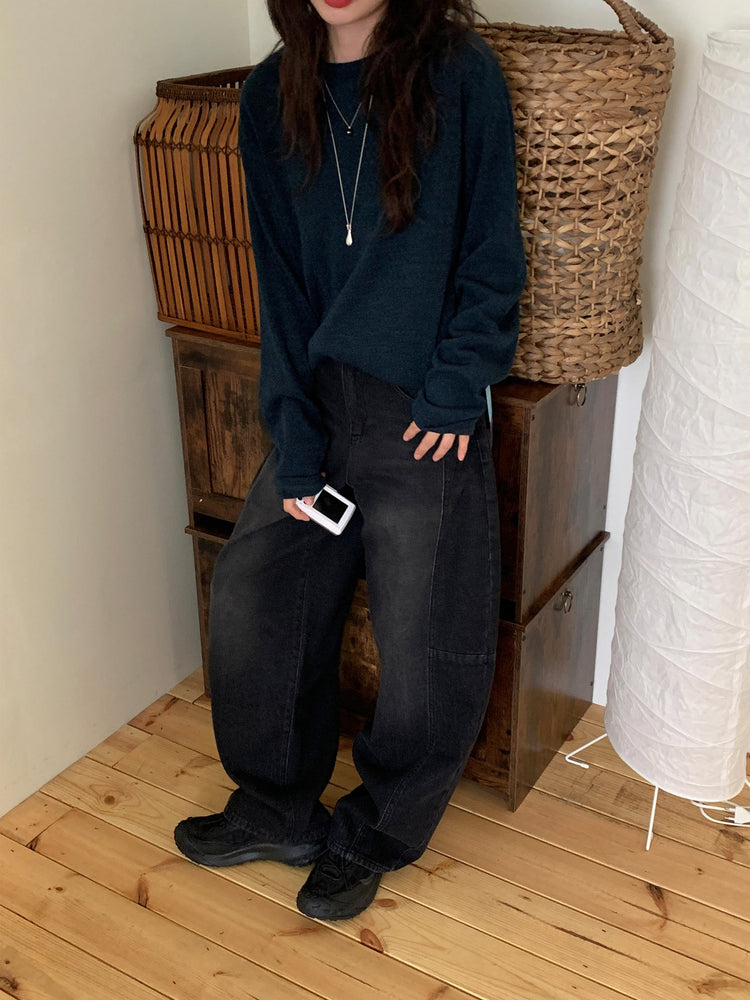 弧形側壓線廓形牛仔褲