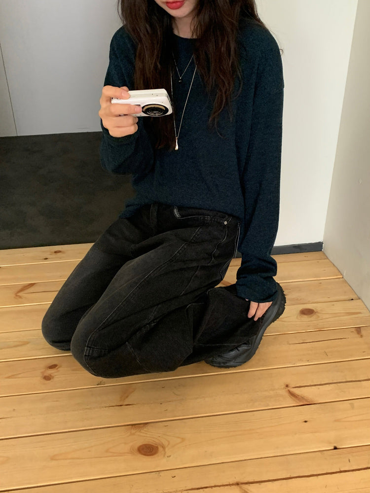 弧形側壓線廓形牛仔褲