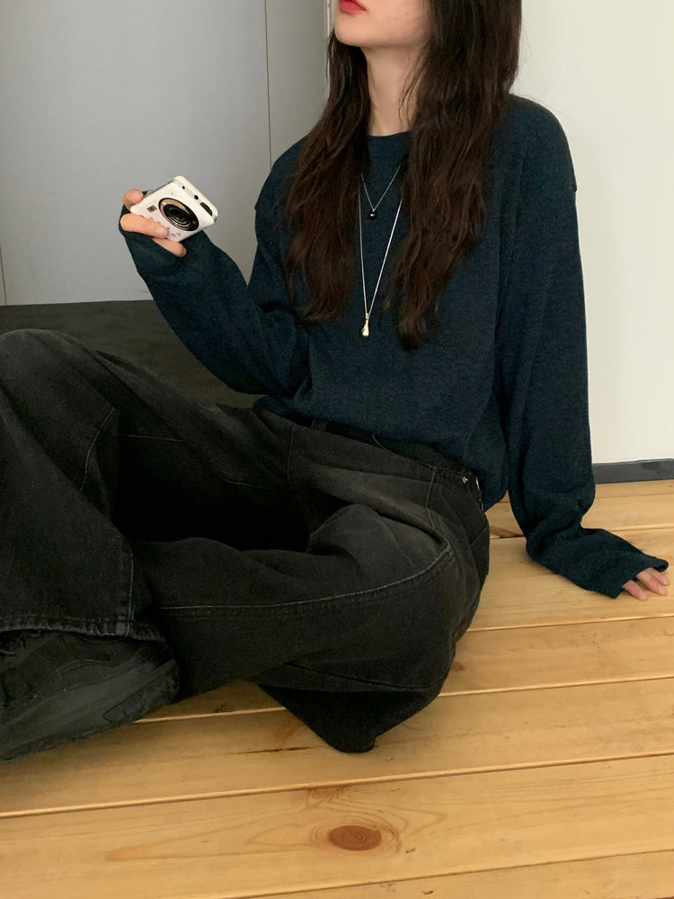 弧形側壓線廓形牛仔褲