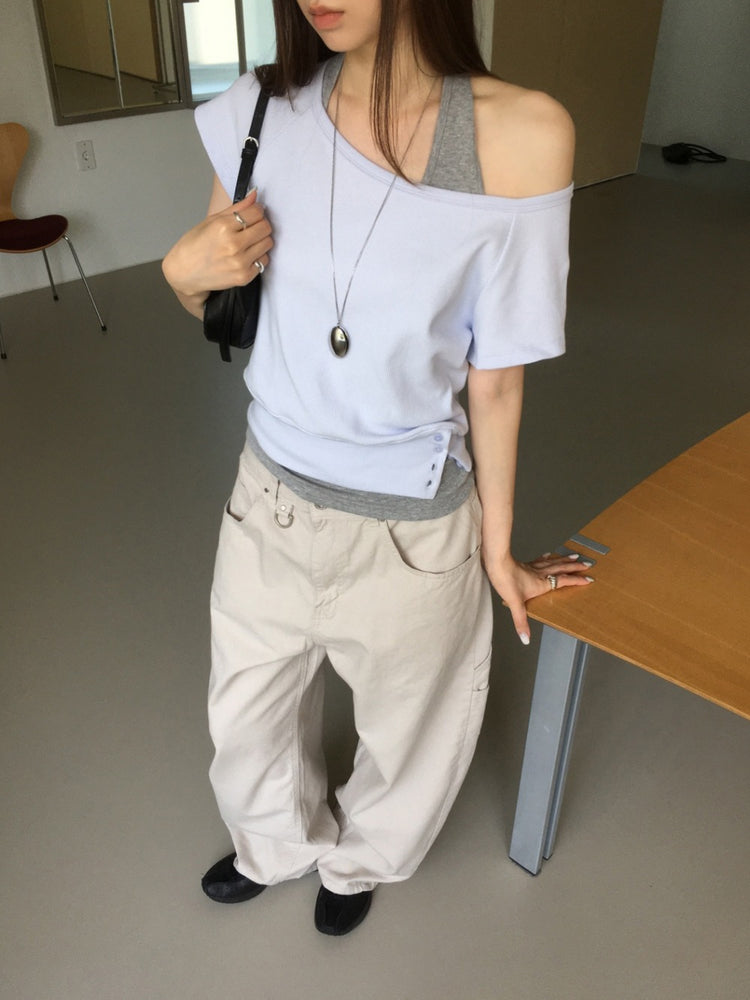 S/S 美肩撞色掛脖兩件式上衣