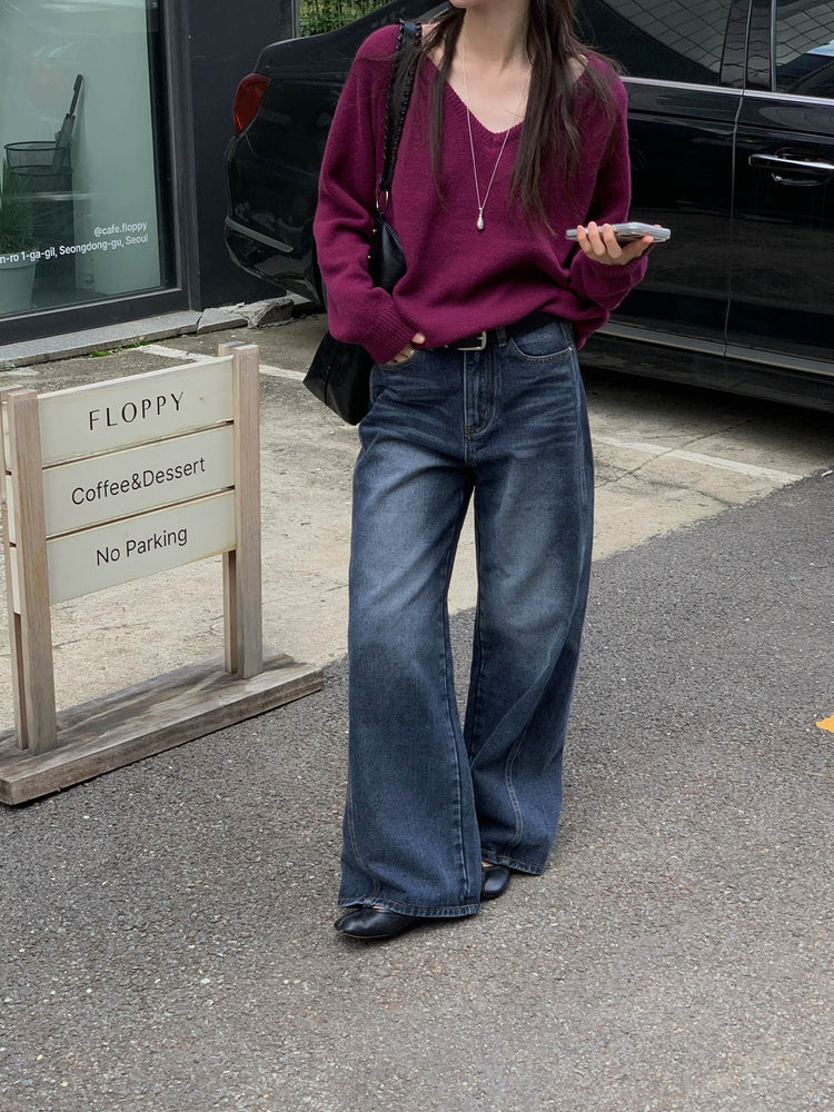 復古美刷色側前壓線細節牛仔褲