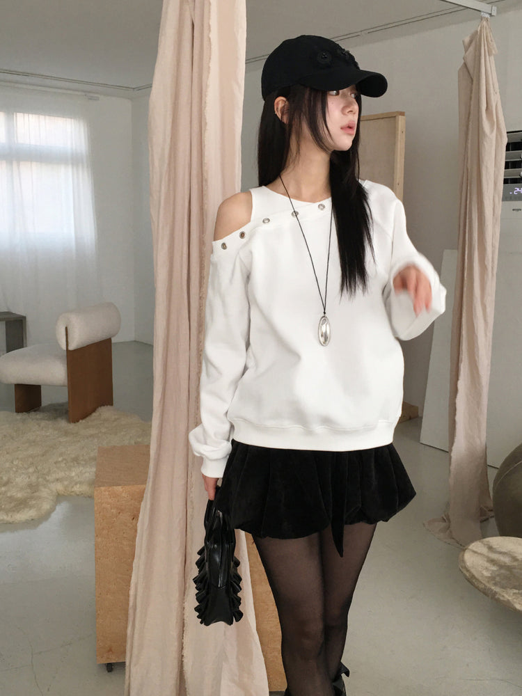 鉚釘圈細節假兩件美肩上衣