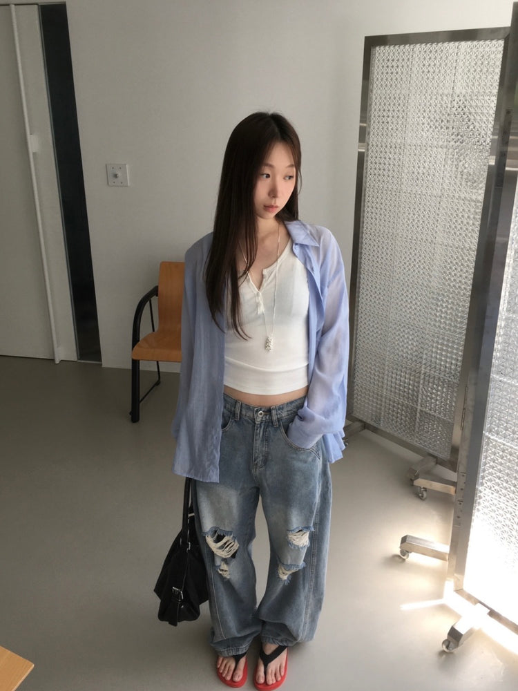 美色透膚背細節寬鬆襯衫