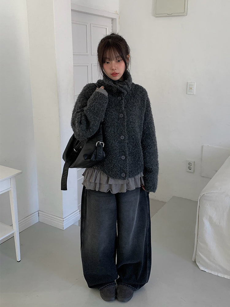 圈毛可立領排鈕針織外套