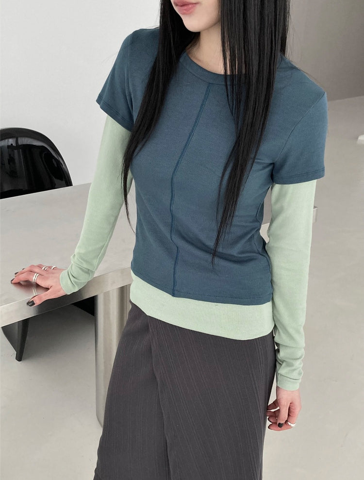 撞色層次感假兩件上衣